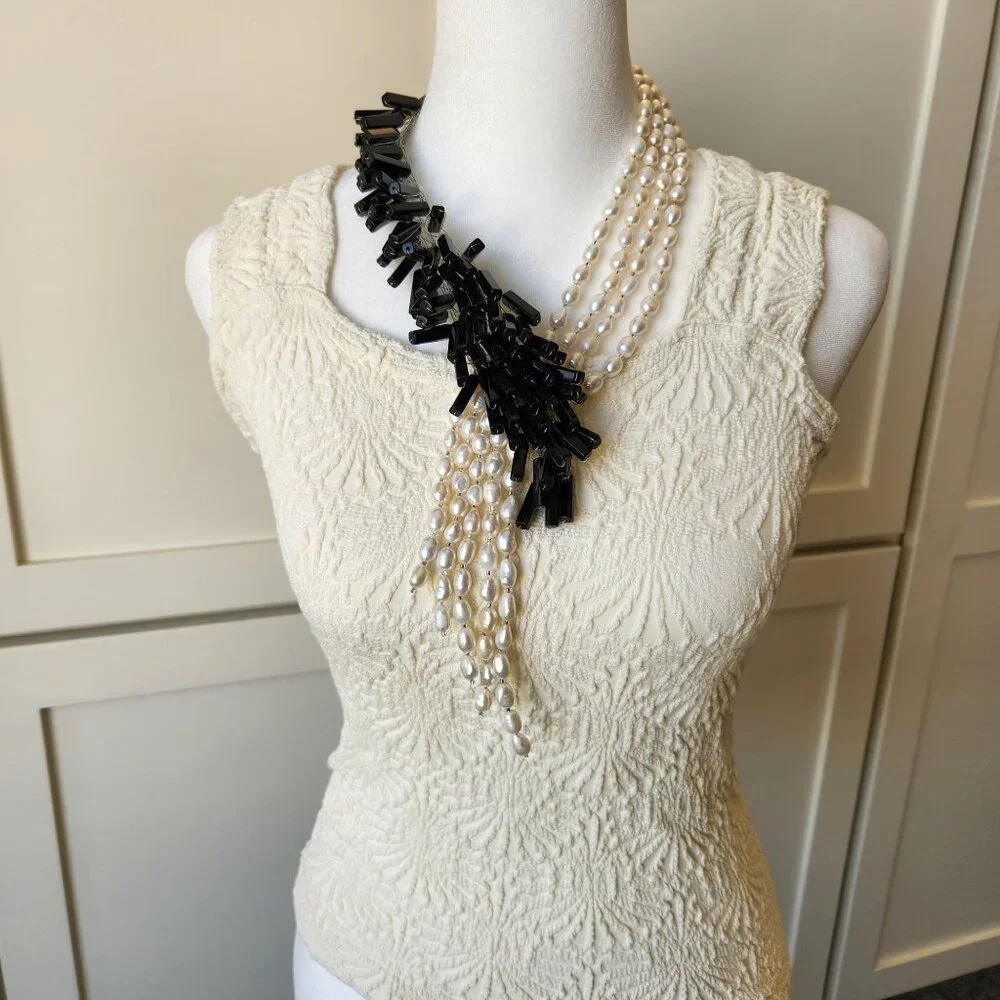 Beaded Black White Statement Necklace Bold Chunky Glam Elegant Office Siren - Picture 4 of 8